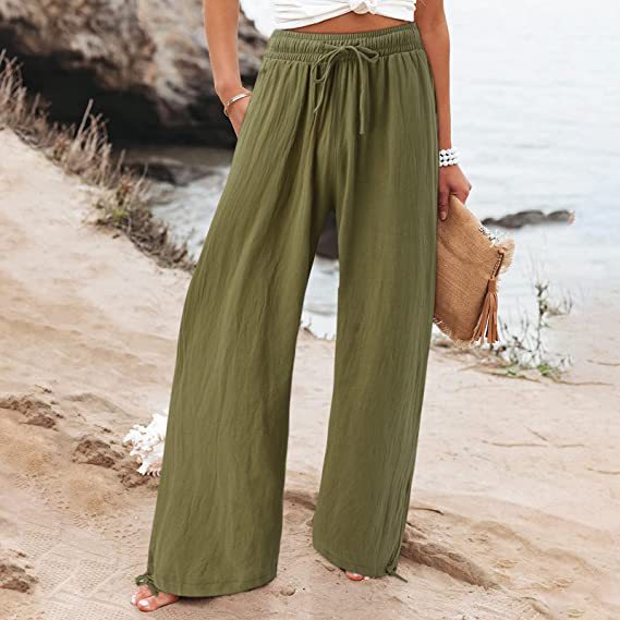 2023 Summer TEMU Amazon European and American Cross-border Women's New Cotton and Linen Wide Leg Drawstring Beach Pants Casual Pants for Women