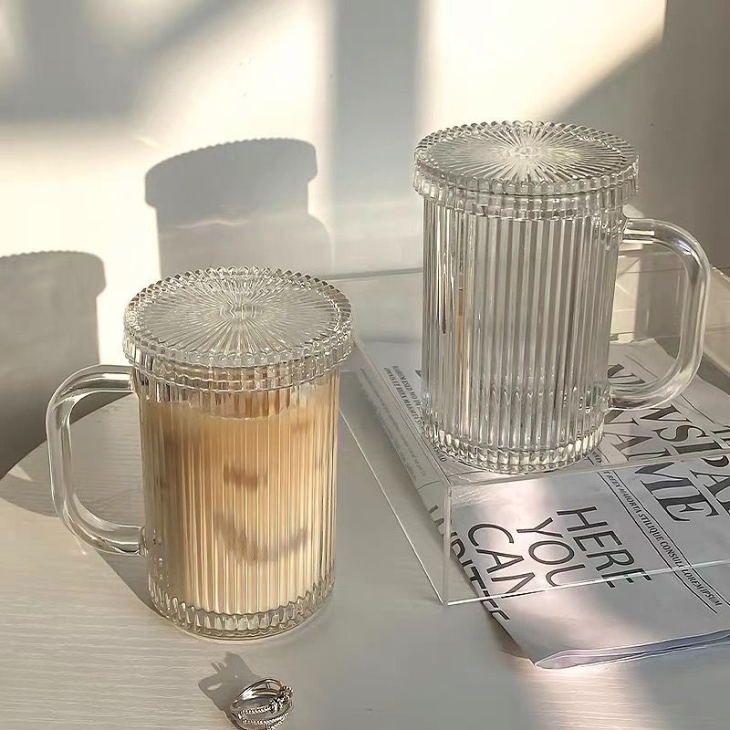 简约ins风竖条纹玻璃杯家用水杯饮料杯子带盖高颜值牛奶杯早餐杯