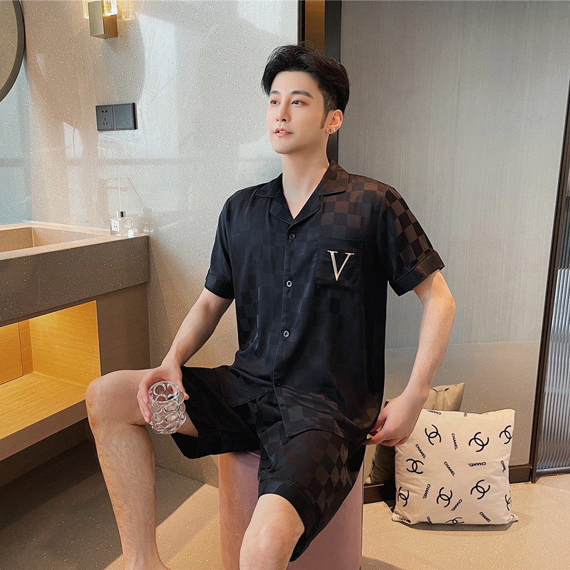 Couple's Ice Silk Pajamas Summer Women's Short-sleeved Shorts Set Men's Simple Plaid Jacquard Outfit