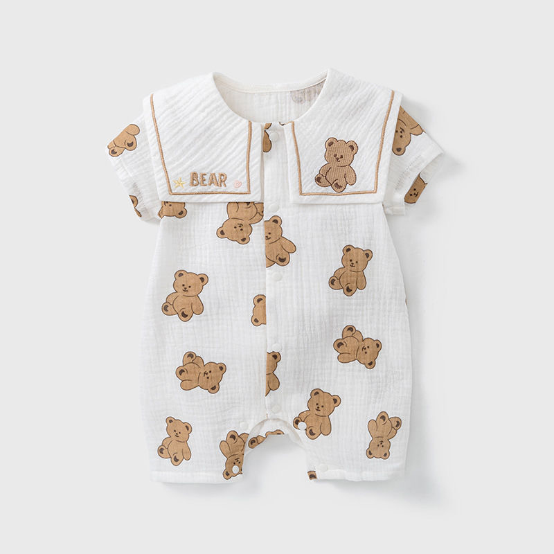 Baby clothes summer gauze onesie thin version for boys and girls crawling suit Korean style full print little bear newborn diaper coverer