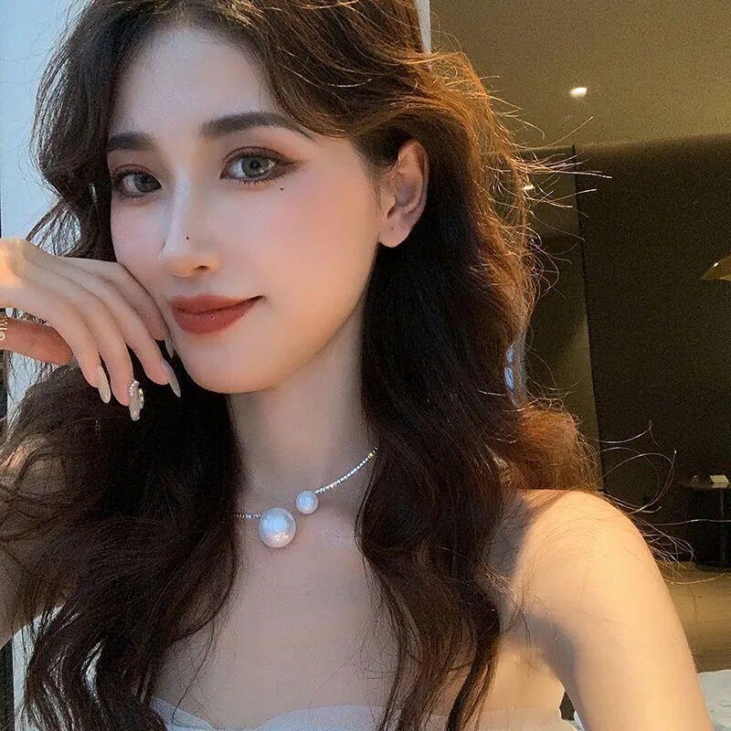 Distinctive choker Neck Strap Clavicle Chain Women's Full Diamond Size Pearl Open Collar Women's Japanese and Korean Style Cyber Popular Short Necklace