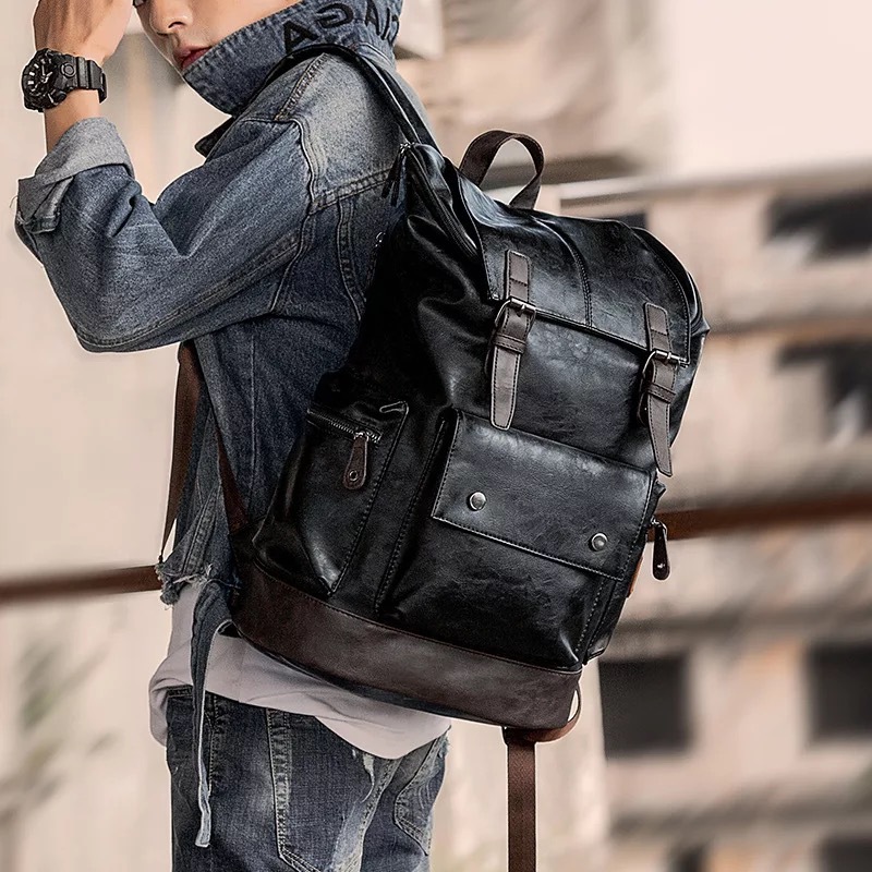 Fashionable Korean Style Men's PU Leather Backpack Simple Large Capacity Travel Backpack Student School Bag Computer Bag Shoulder Bag
