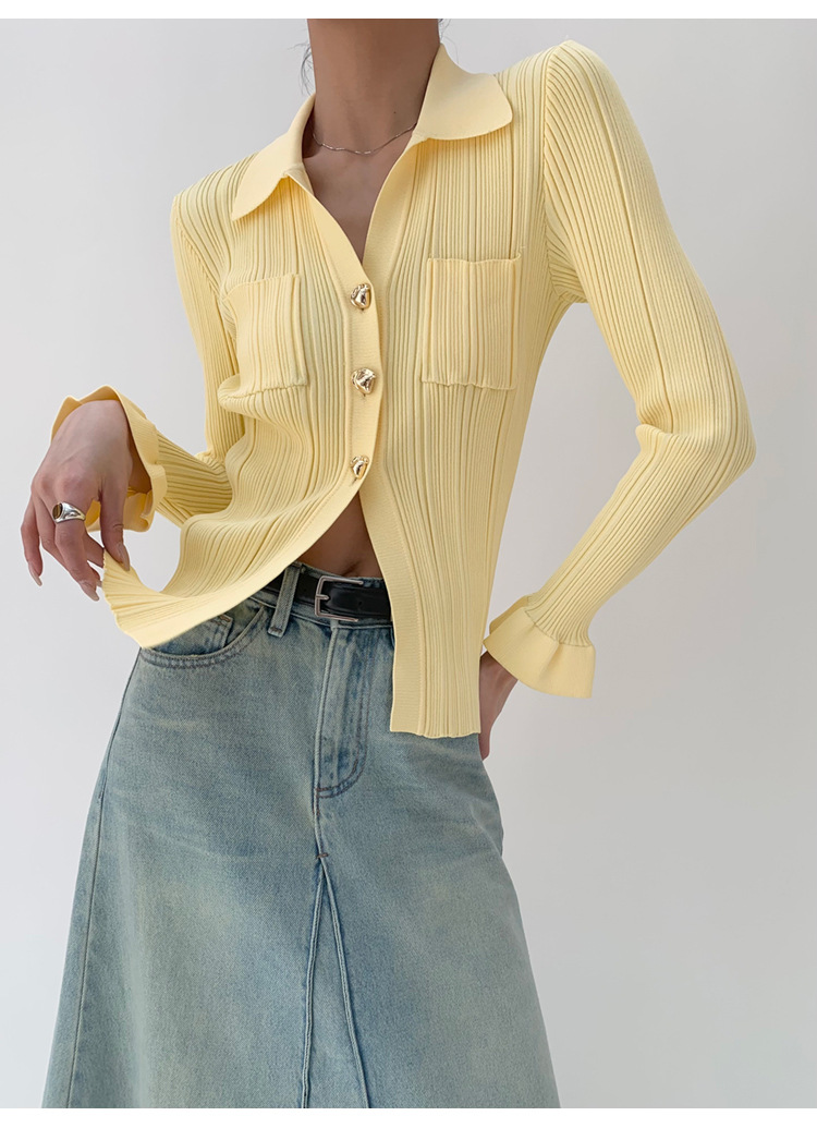 [Nouveauté le 21/03] Nouveau design Sense Split Knitted Jacket Cardigan jaune clair au printemps 2024_voghion.com