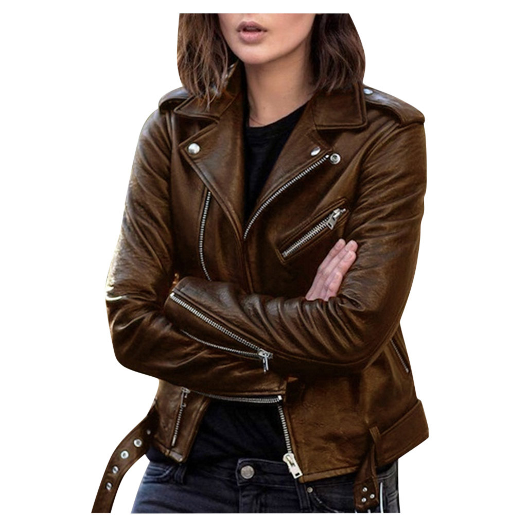 Cross-border Spring and Autumn Large Size Women's Clothing Short Women's Leather Jacket European and American PU Biker Clothing Slim Fit Winter Clothes Wallet Overcome