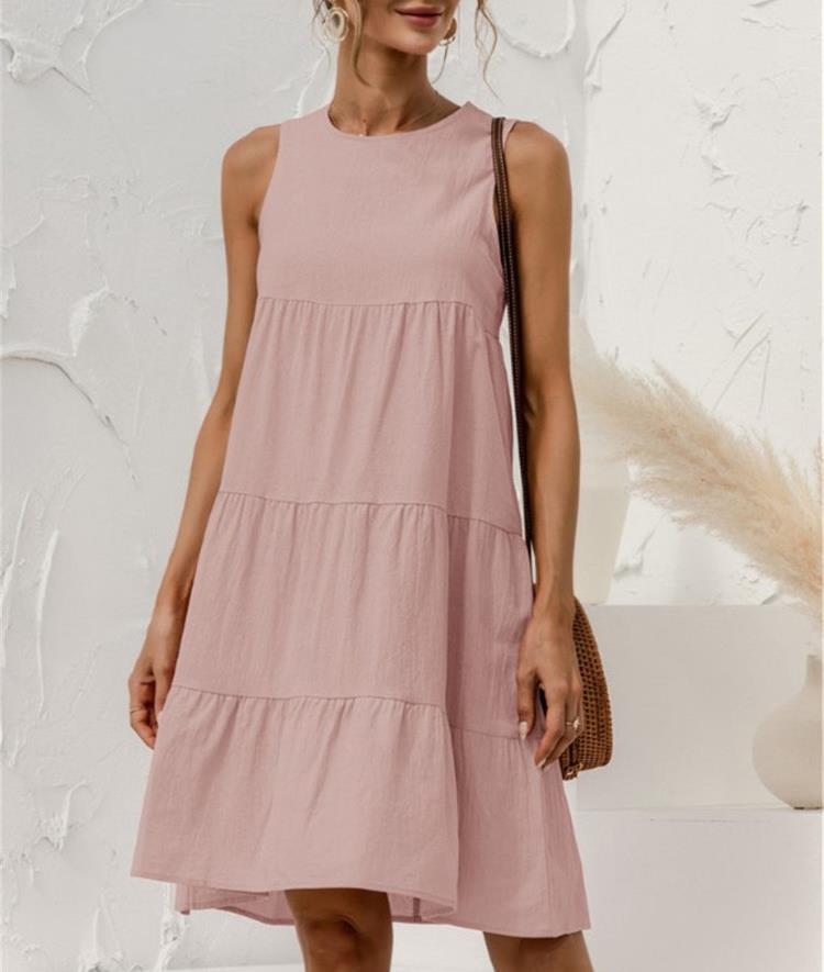 2023 Independent Station Cross-border Summer New Large Size Women's Crewneck Sleeveless Stitching Solid Color Loose Cotton and Linen Dress