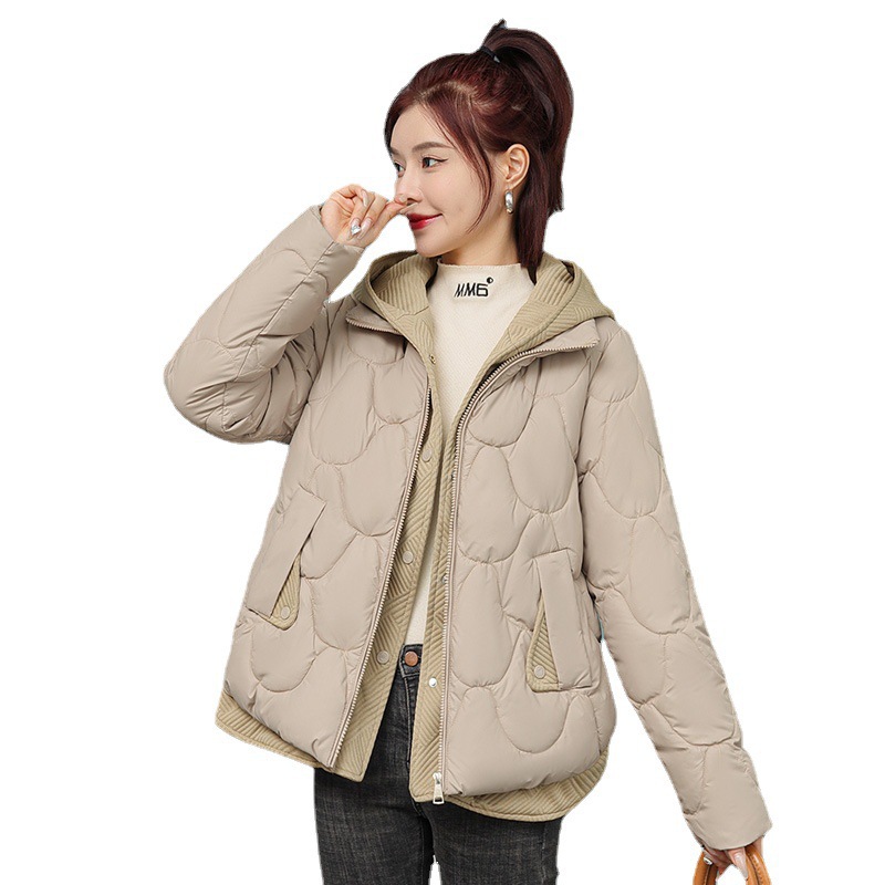 European Station Light Short Down Cotton-padded Jacket Women's Hooded Stitching Fake Two-piece Cotton-padded Clothes Winter Fashion Warm Jacket