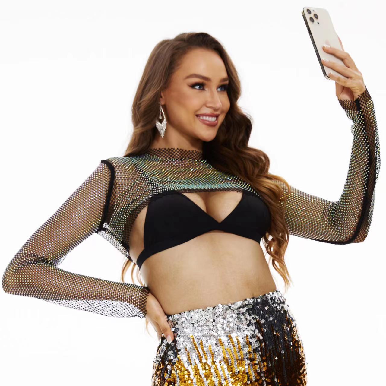 Internet celebrity hot rhinestone Western style short pullover long sleeve suspender skirt with small coat hot rhinestone fishing net top Amazon