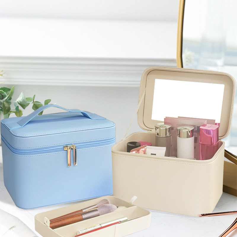 Cross-border cosmetic case portable travel large capacity cosmetic bag portable simple with mirror cosmetic storage box wholesale