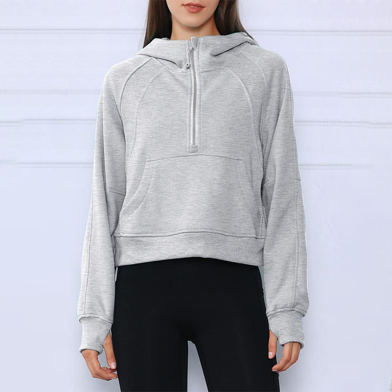 Autumn and Winter New Lulu Women's Sportswear Half-Zip Pullover Hooded Top Loose Short Fleece Sweater Women