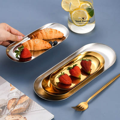 Nordic ins Plate Stainless Steel Oval Plate Golden Tray Western Dim Sum Jewelry Storage Metal Plate Cross-Border