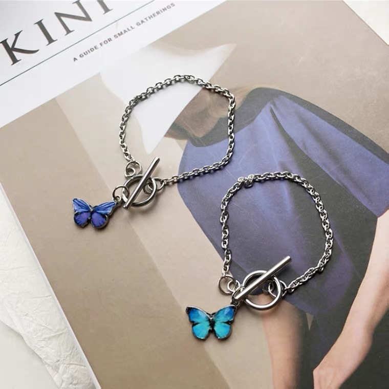 Korean ins Butterfly Bracelet Necklace Set European and American Dream Blue Butterfly Buckle Bracelet Elegant All-match Necklace