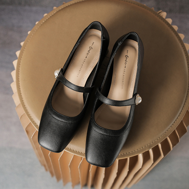 Spring 2024 New Style Square Head Soft Leather Soft Bottom Thick Heel Single-layer Shoes Women's Fashionable Internet Popular Style Women's Shoes with Mary Jane