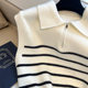 Korean-style Retro POLO Lapel Zipper Striped Knitted Vest Sweater Autumn and Winter Inner Wearing Elegant Waistcoat