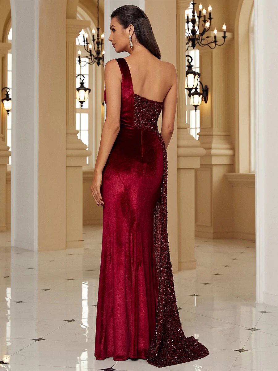 European and American Foreign Trade Women's Light Luxury High-end Fishtail High-end Banquet Elegant Host Single Shoulder dress Evening Dress Women