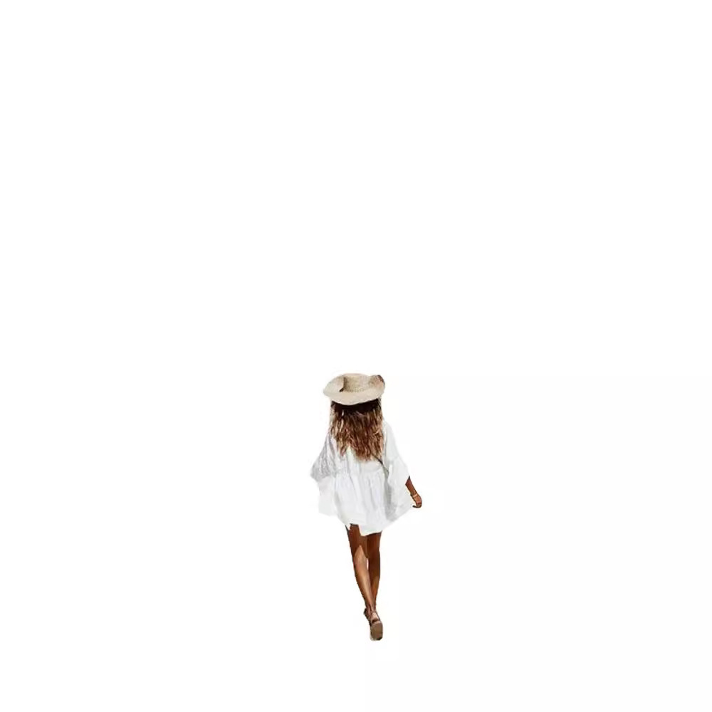 Hot Sale New European and American Hollow Shirt Horn Sleeve Beach Blouse Sunscreen Shirt Swimwear Coat Women's Blouse