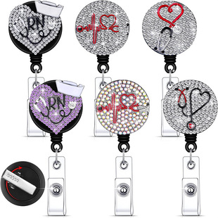 Amazon White Nurse Rhinestone Stethoscope Diamond-encrusted Electrocardiogram RN Rotating Back Clip Breast Card Certificate Telescopic Buckle