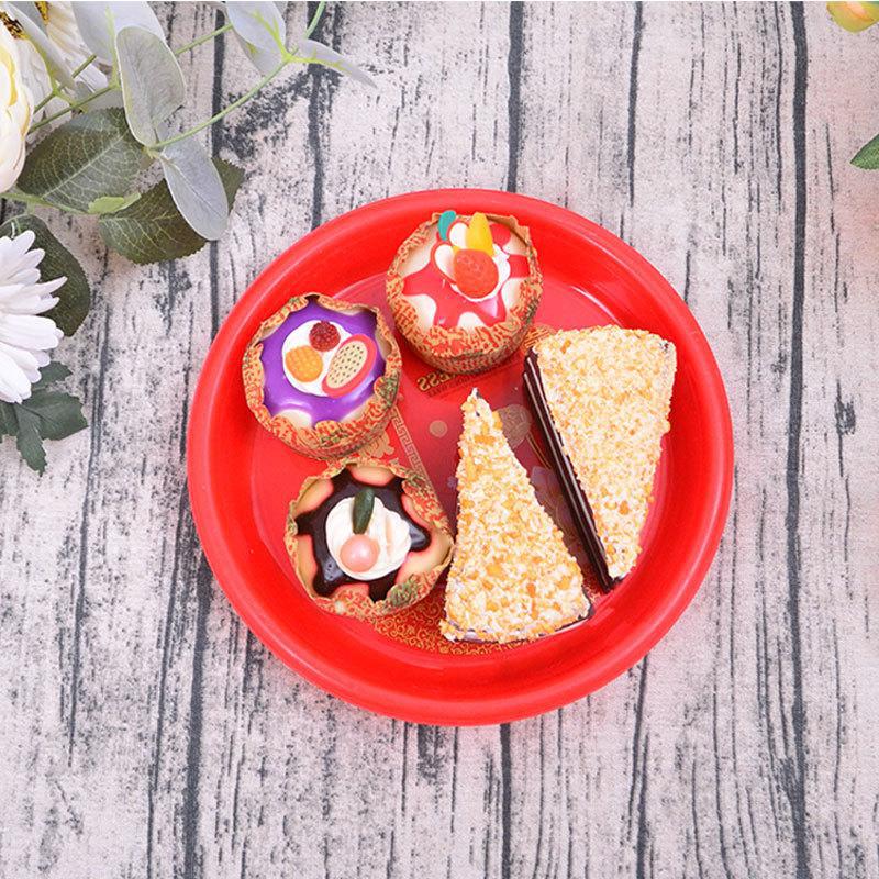 Chinese Style Plastic Fortune Happy Door Round Plate Festive Big Red Flat Plate Wedding Buddha Worship Tray Tea Tray