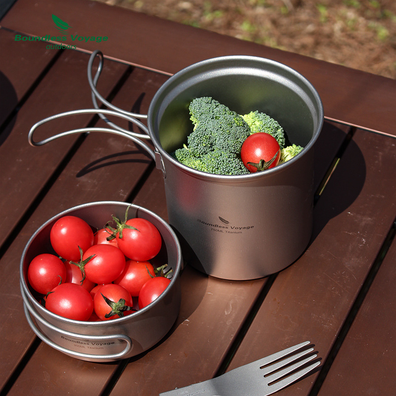 Biwei Pure Titanium Pot Titanium Plate Outdoor Wok Lightweight Set Pot Camping Cookware Two-piece Tableware Frying Pan Portable Cookware