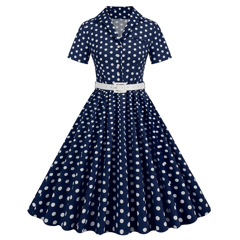 Amazon European and American women's polka dot stitching belt short sleeve European and American dress Hepburn vintage Amazon dress