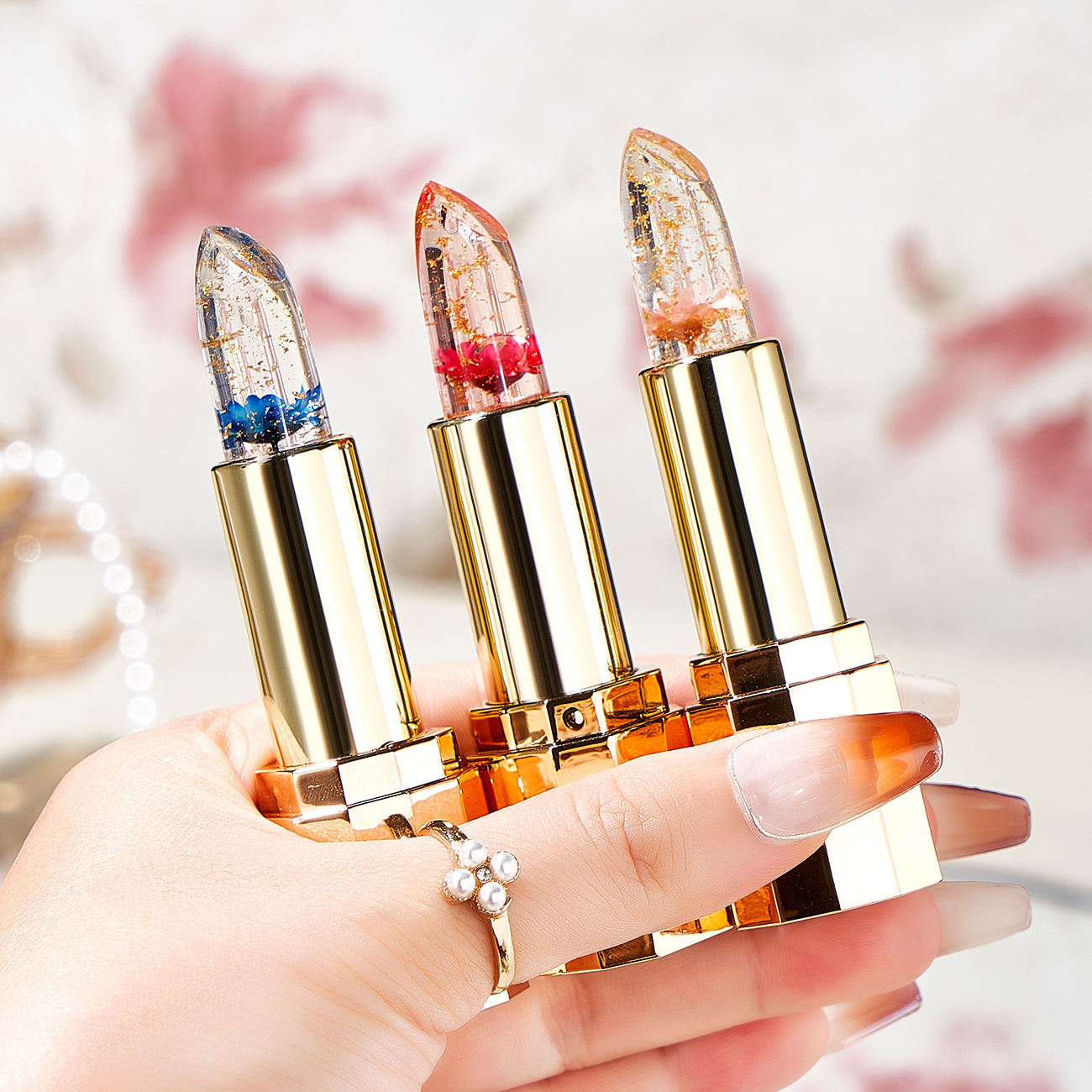 Petal flower lipstick transparent jelly discoloration gold foil temperature lipstick non-stick Cup does not fade moisturizing wholesale