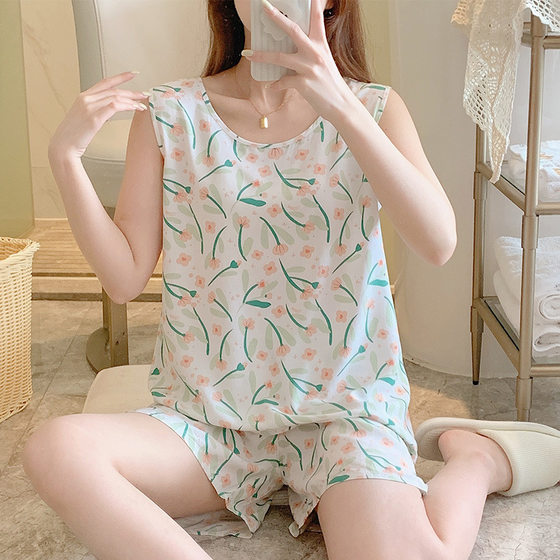 Cotton Silk Pajamas Women's Summer Sleeveless Vest Shorts Cotton Silk Home Clothes Short-sleeved Artificial Cotton Suit Cartoon Cute Thin