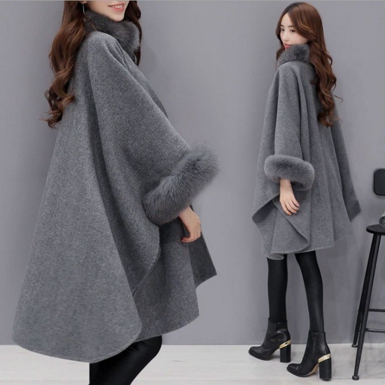 Autumn and Winter large rabbit fur collar mid-length woolen overcoat elegant Cape shawl Hepburn style woolen plus size overcoat for women_voghion.com