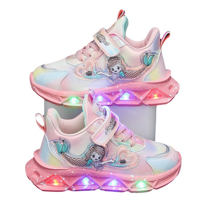 Light-up Children's Sneakers 2024 Spring and Autumn New Women's Shoes Small and Large Mesh Breathable Lightweight Student Running Shoes
