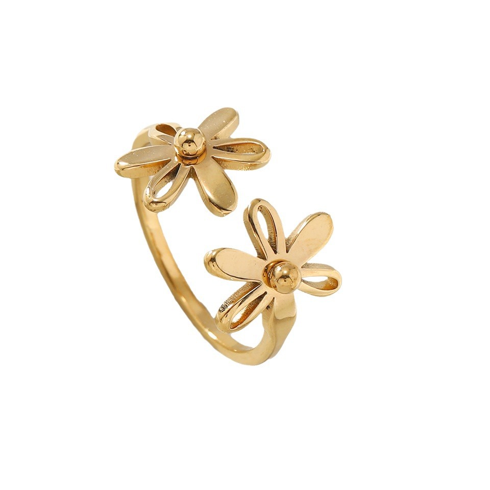 Cross-Border fashion titanium steel ring niche high-grade double-layer flower opening adjustable ring stainless steel jewelry factory
