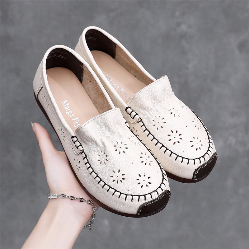 Vintage Handmade Soft Cowhide Comfortable Soft Bottom Mother Shoes Single-Layer Shoes Hollow Women's Shoes Large Size Wide Running Women's Shoes 6128