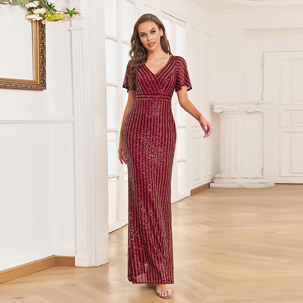 2023 New Short-sleeved Ruffled Stretch Long Dress Shiny Sequin Double V-neck Women's Floor-length Mermaid Evening Dress