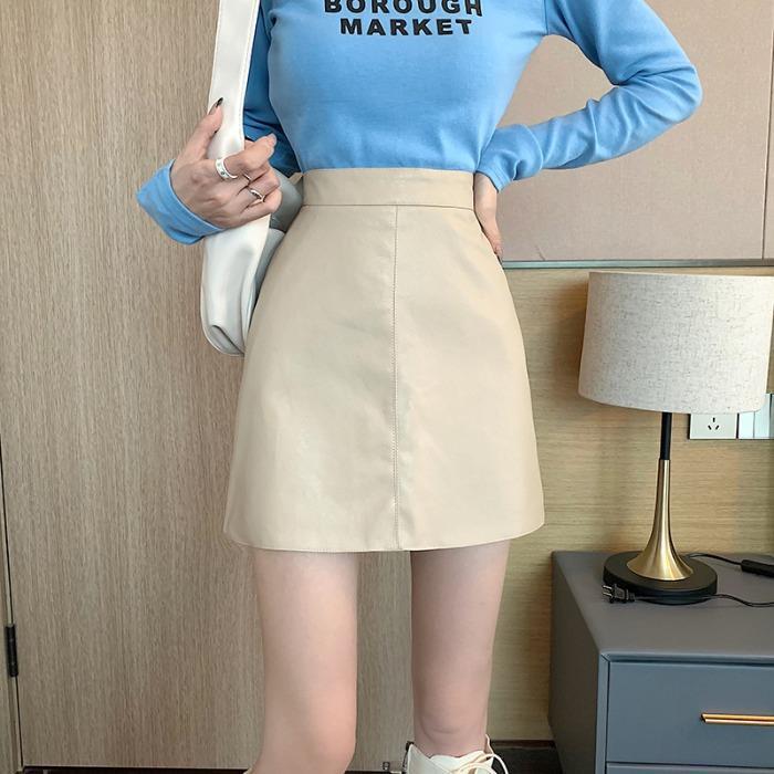 2022 autumn and winter New High waist anti-slip skirt small slim PU leather skirt black A- line hip skirt