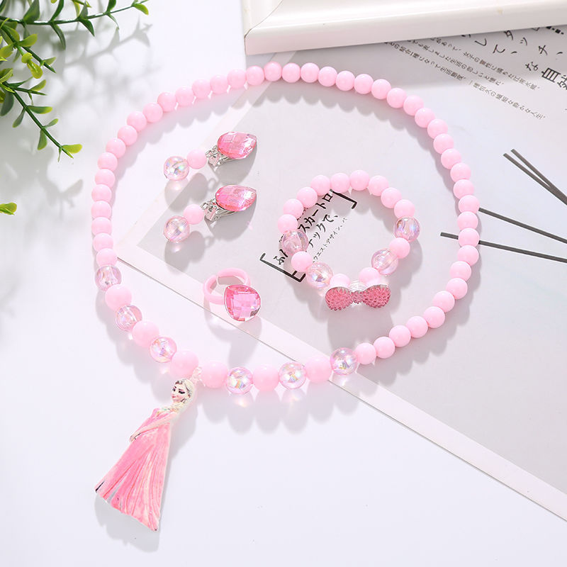 Children's Necklace Bracelet Ear Clip Ring Set Ice and Snow Princess Necklace Children's Beaded Jewelry Set Wholesale