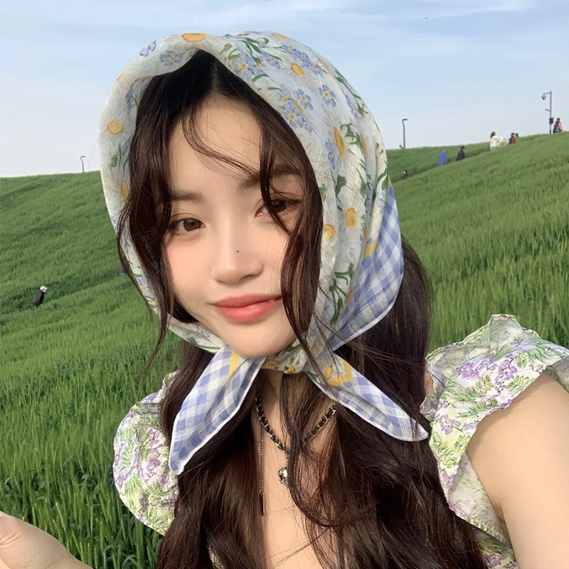 棉麻小方巾清新透氣女柔軟文藝裝飾小絲巾夏圍巾女百搭碎花小圍巾