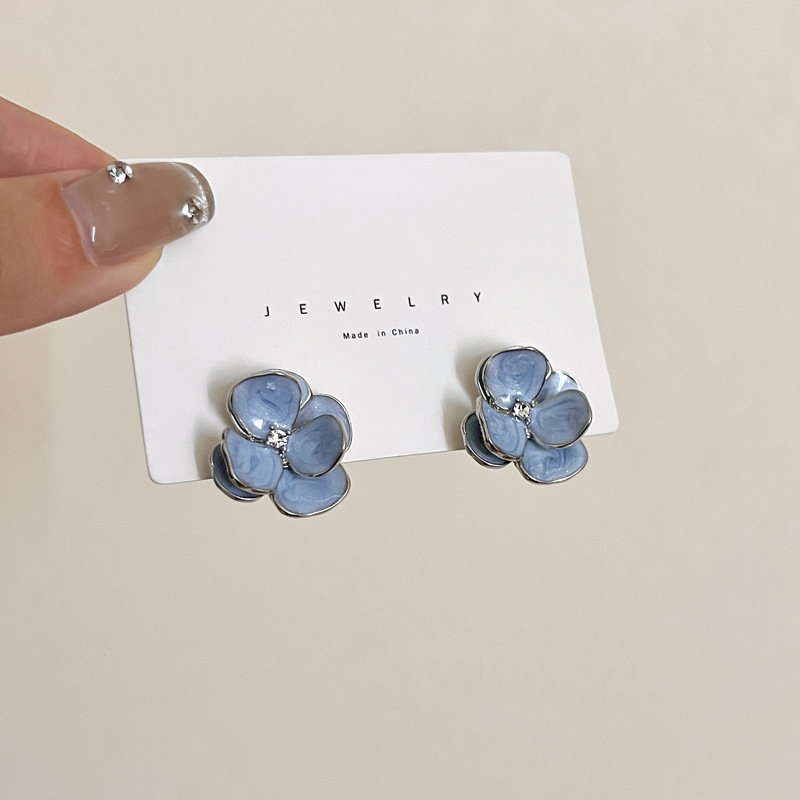 Original Design S925 Silver Needle Blue Mori Flower Earrings Sweet High-end Drop Glaze Diamond Earrings Women's 7593