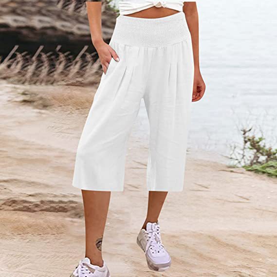 Summer 2024 Amazon European and American Women's Cross-border Cotton and Linen Seven-point Waist Bag Pocket Thin Wide-leg Pants for Women