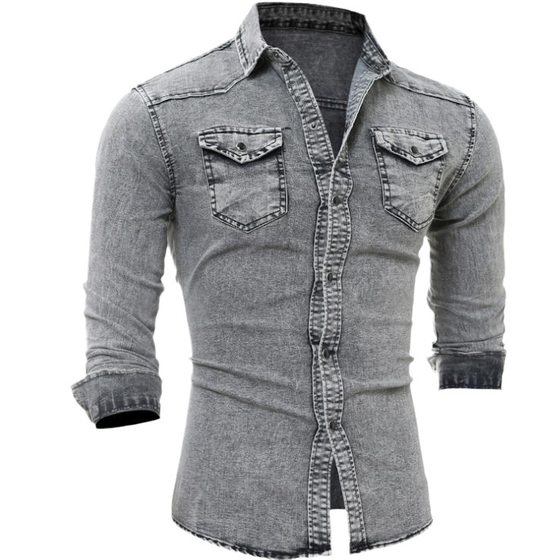 Foreign Trade Cross-border New Men's Long-sleeved Shirt European and American Style Youth Casual Solid Color Stitching Men's Denim Shirt for Men
