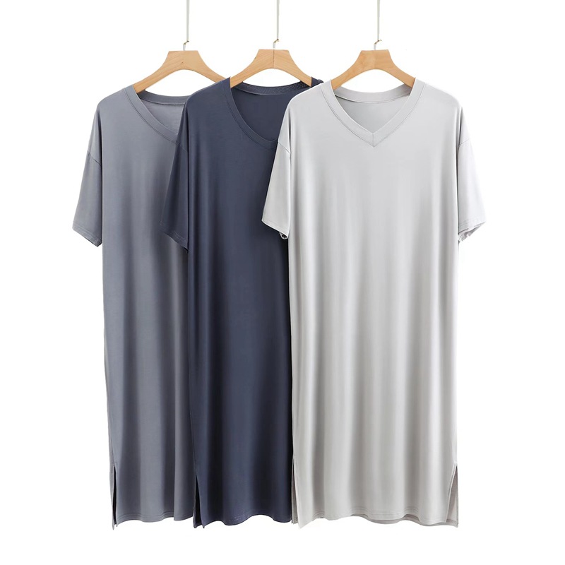 Vasaras jauna modāla vīriešu naktskrekla garas ceļgalu īsas piedurknes V veida kakla izgriezums vidēji garš halāts_voghion.com