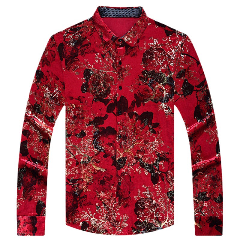 Sequin Print Spring and Autumn New Long-sleeved Shirt Men's Fashion Trendy Brand European and American Men's Boutique High-end Flower Shirt Bronzing