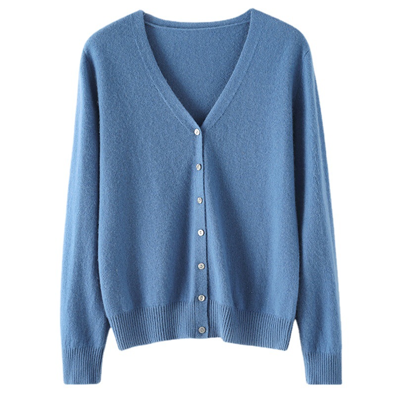 Autumn and Winter Thin V-Neck Knitted Cardigan Women's Solid Color Loose Long-sleeved Sweater Coat Inner Base Shirt Top