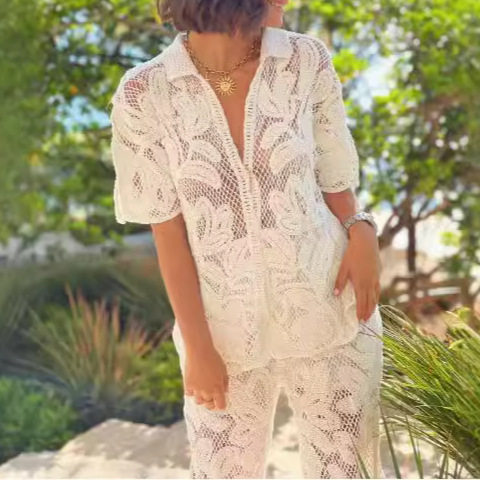 Europe and the United States cross-border 2024 summer new Japanese and Korean leisure lapel hollow top trousers suit