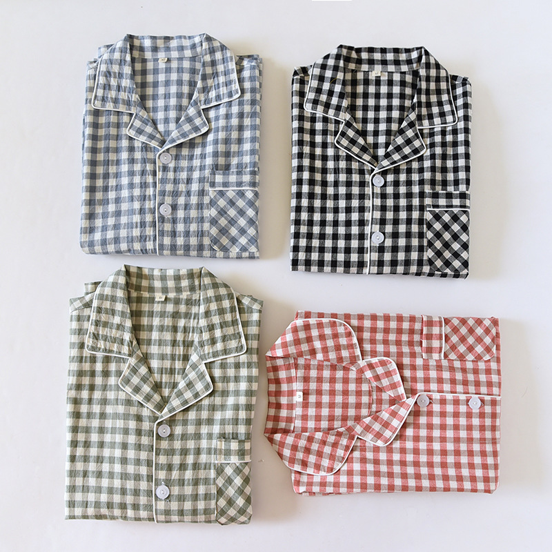 Japanese Style Plaid Couple Pajamas Women's Spring and Autumn Pure Cotton Cotton Thin Summer Men's Autumn and Winter Long Sleeve Home Suit