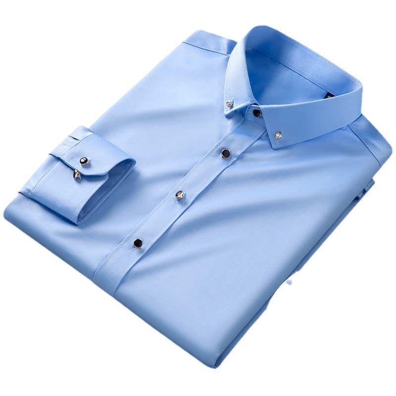 2025 New Men's Long-sleeved Shirt with Diamond Button Elastic Comfortable Non-iron Business Casual Shirt Korean Style Slim-fit Men's Wear