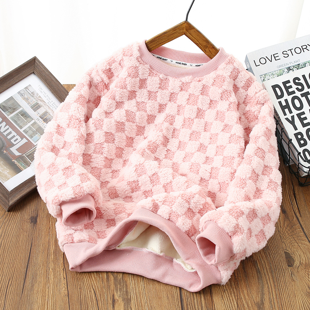 Autumn and Winter new children's sweater plush round neck sweater children's warm top fleece-lined thickened Plaid pullover