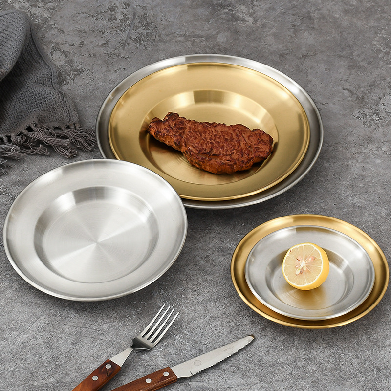 Stainless Steel Disc Golden Tray Fruit Plate Cake Plate Chinese Plate Dessert Plate 304 Barbecue Plate 201 Korean Style