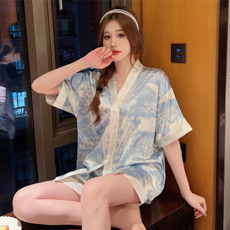 氷糸パジャマ女性夏半袖ネット紅風は春夏氷糸家庭服セットを着ることができる|undefined