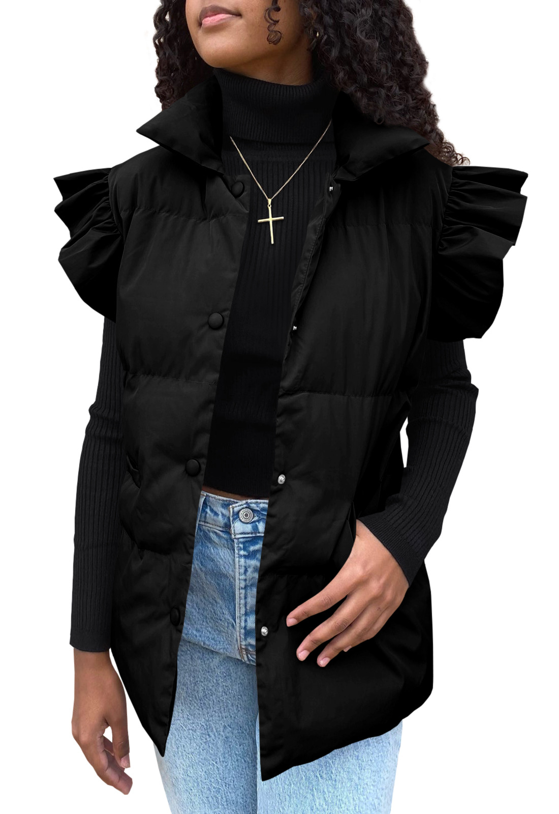 Grenzüberschreitende europäische und amerikanische Herbst- und Winterneuheiten mit lockerer Tasche und Baumwollpolsterung, fliegende Ärmel, elegante Weste, Stehkragen, Mode, Einreiher_voghion.com