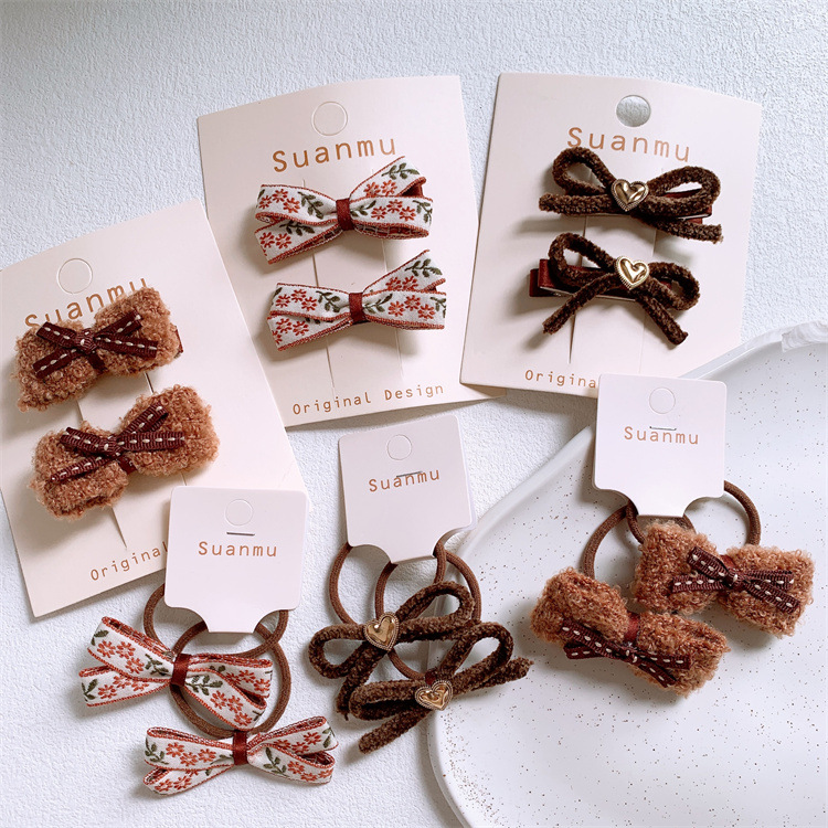 Children's Plush Bow Hair Clip, Side-Swept Bangs Hairpin, Little Girl's Collar Matching Hair Ring, Hair Tying Rubber Band