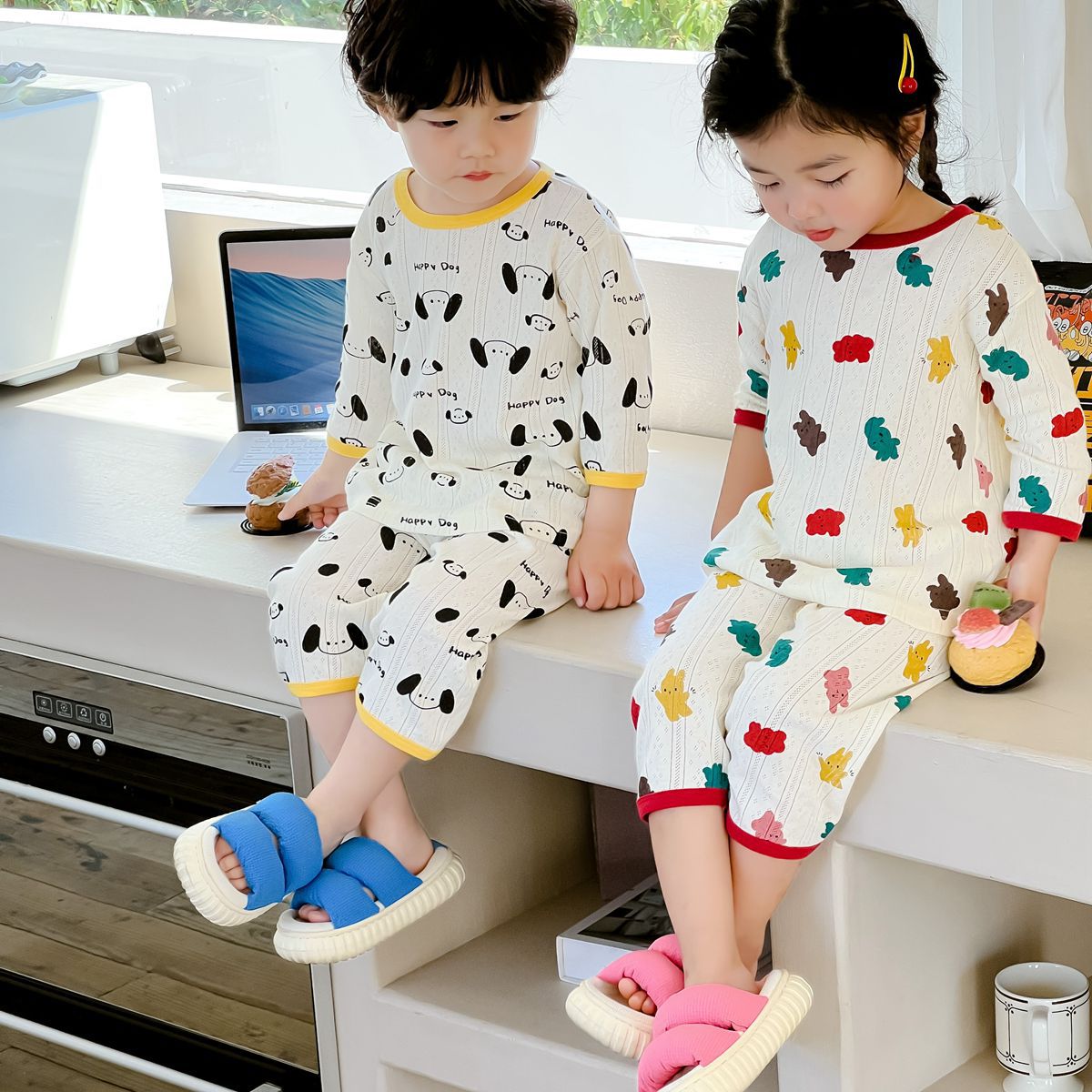 Children's Pajamas Summer Mid-Sleeve Pants for Boys and Girls Pure Cotton Breathing Home Suit ins Baby Air-conditioning Suit Category A