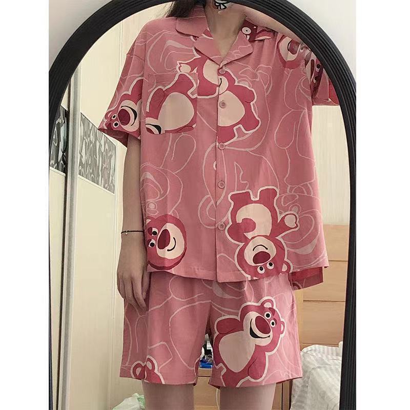 ins Fresh Pajamas Women's Summer Short-sleeved Shorts Korean Style Cardigan Large Size Korean Style Japanese Style Home Clothes Two-piece Suit