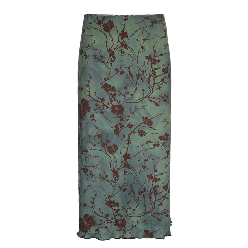 New Chinese Printed Retro Style Skirt 2022 Autumn New Mori Style Fresh Low Waist Contrast Color A- line Mid-length Dress